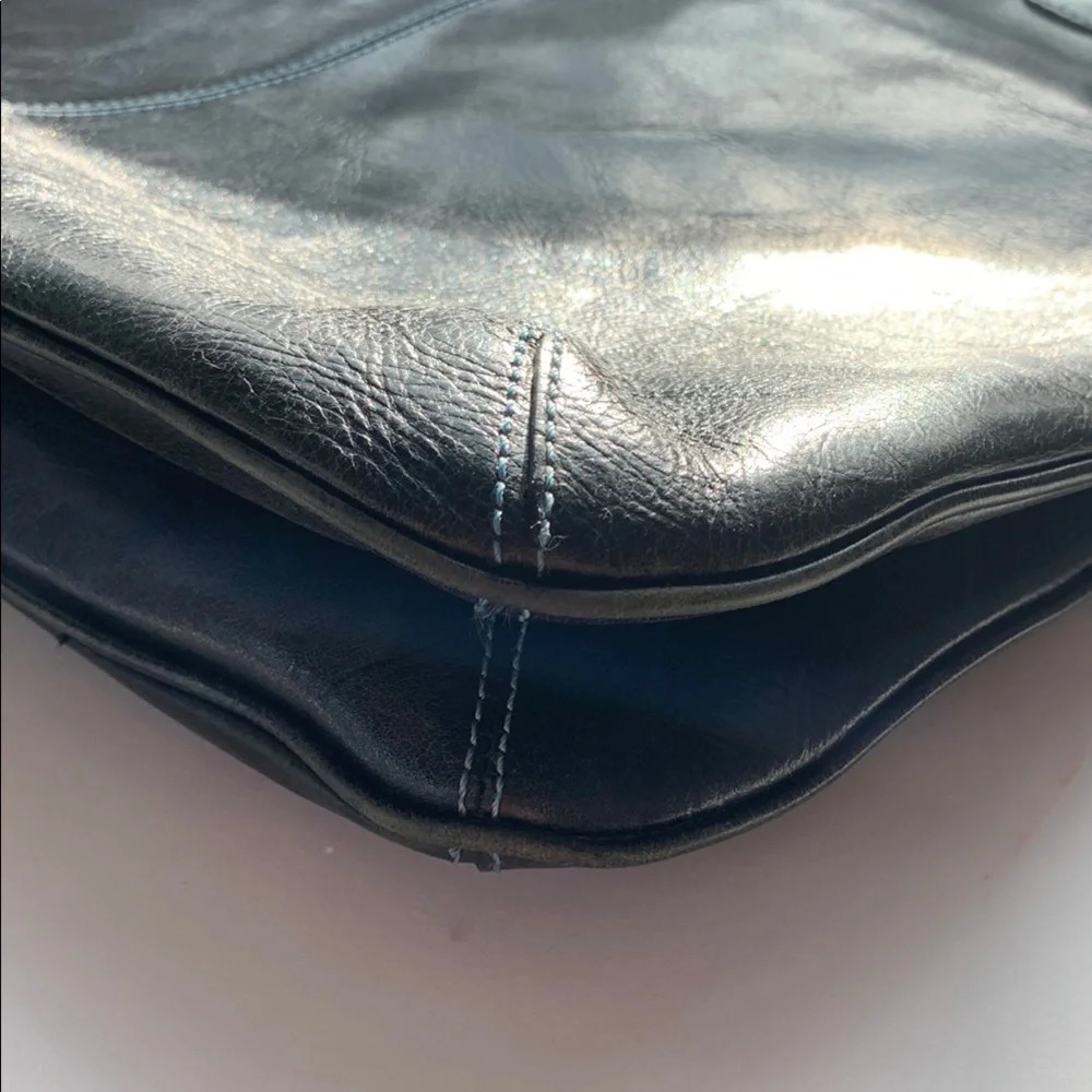 Nordstrom Black Leather Blue Stitching Casual Tote Bag Paisley Lining Lg Pockets - Picture 14 of 14